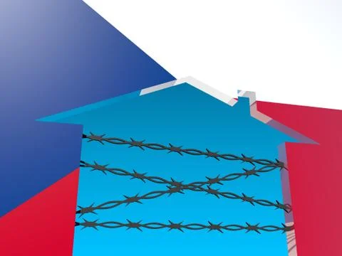 Barbed wire closed home icon textured by czech flag Stock Illustration