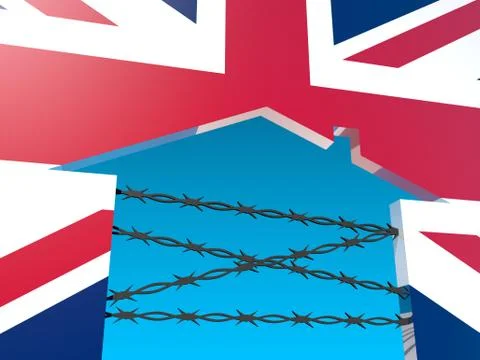 Barbed wire closed home icon textured by britain flag Stock Illustration