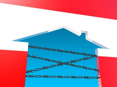 Barbed wire closed home icon textured by austria flag Stock Illustration