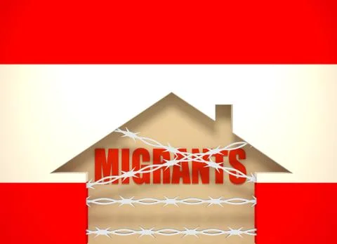 Barbed wire closed home icon textured by Austria flag Stock Illustration