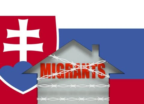 Barbed wire closed home icon textured by Slovakia flag Stock Illustration