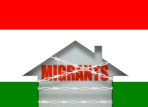 Barbed wire closed home icon textured by Hungary flag Stock Illustration