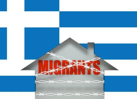 Barbed wire closed home icon textured by Greece flag Stock Illustration