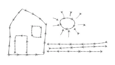 Barbed wire creating house, sun, and fence symbolizing imprisonment Stock Illustration