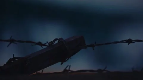 Barbed wire fence close up , evening low light  shot Vídeo Stock 147216880