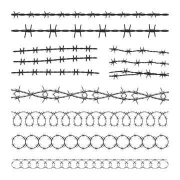 Barbed Wire Fence Elements Collection Silhouette, Razor wire Set Stock Illustration