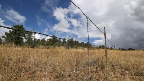 Barbed Wire Fence in a field Stock Footage 108458095