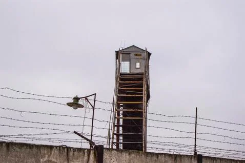 Barbed wire fence, maximum security prison Stock Photos