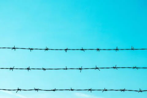 Barbed wire fence pattern against blue sky 库存照片