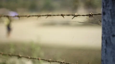 Barbed Wire Fence, Rack Focus to Asian Woman walking, Laos Stock Footage 46399948