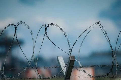 Barbed wire fence with sharp spikes against a blurred background of a cloud.. Stock Photos