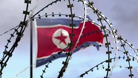 Barbed wire, flag of North Korea in defocus, sky background with clouds, 3d rend Stock Footage 255502876