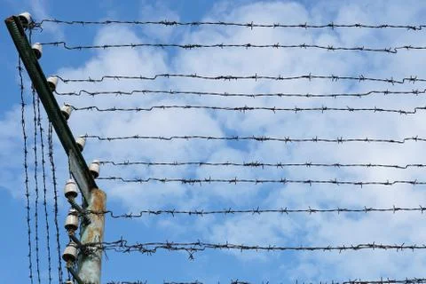 Barbed wire with high voltage on the prison fence Stock Photos