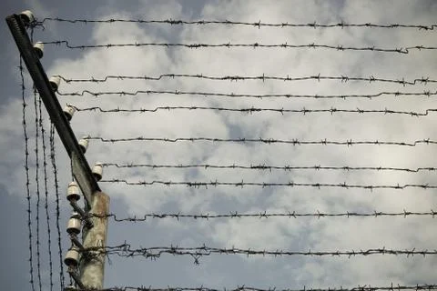 Barbed wire with high voltage on the prison fence Stock Photos