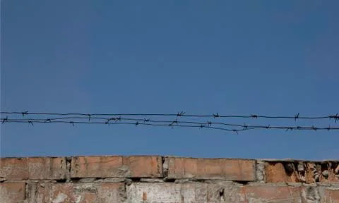 Barbed wire over old brick wall. Stock Photos