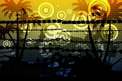 Barbed wire over silhouette of palm trees against yellow background Illustrazione stock