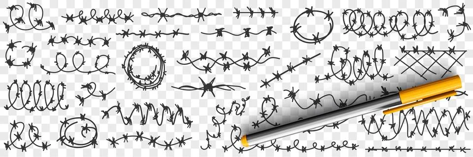 Barbed wire in prison doodle set Stock Illustration