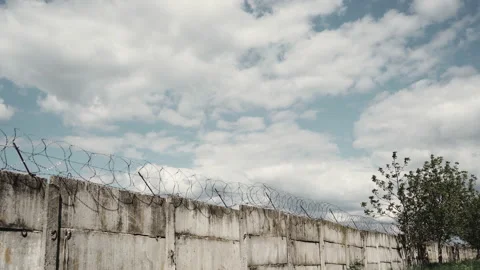 Barbed wire on the prison wall on a background of blue sky. Vidéo 178124028