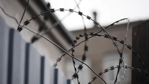 Barbed wire on prison wall Stock Footage 116431294