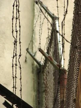 Barbed wire on a prison wall Stock Photos