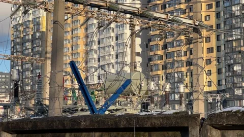 Barbed wire protecting a power substation in a densely populated urban area Stock-Footage 327611552