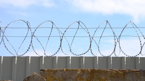 Barbed wire, razor wire on top of steel fence on blue sky background. Video stock 126552319