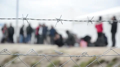 Barbed wire in refugee camp. Migrants behind chain link fence in camp. Group Stock Footage 159690802