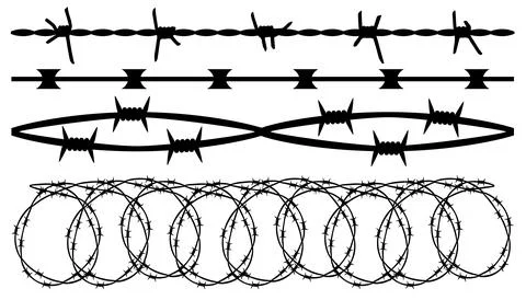 Barbed wire, seamless brush. Barbwire set isolated silhouette, vector backgro Illustrazione stock