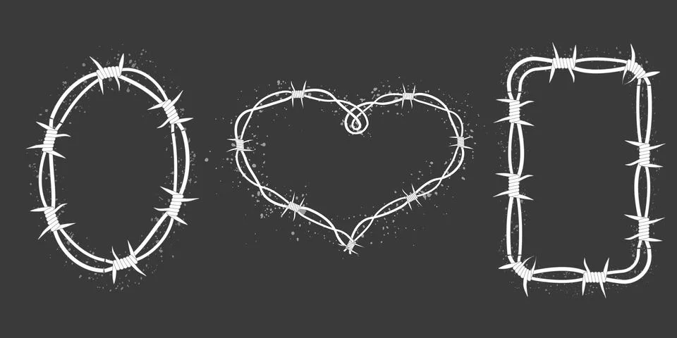 Barbed wire set twisted frames y2k, borders tattoo, gothic textured steel frame Illustrazione stock