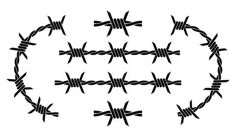 Barbed wire silhouette set with sharp thorn borders and fence elements Stock Illustration