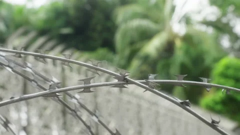 Barbed wire in spiral rows near a solid metal bar fence with Arabic pattern 動画素材 158372383