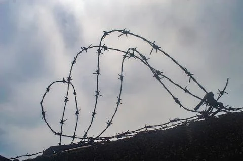 Barbed wire stretched across a wall under a moody sky conveys themes of sec.. Stock Photos