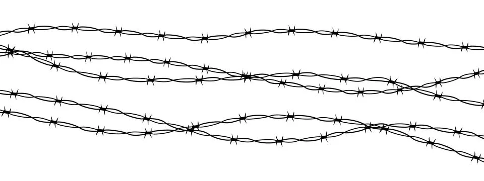 Barbed wire twisted barrier gothic steel boundary, silhouette guard fence Illustrazione stock