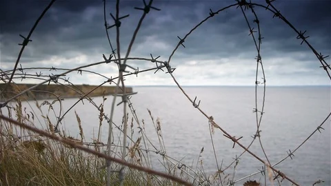 Barbed wire at Utah Beach. World War 2 D-day, Normandy France Stock Footage 94656464