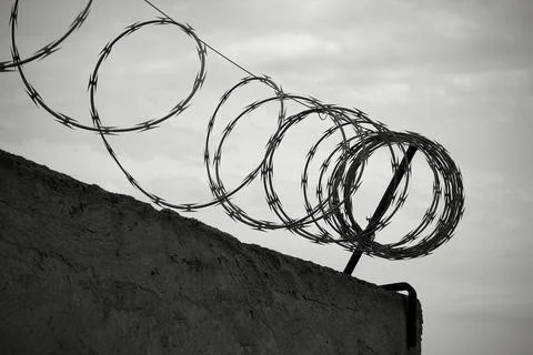 Barbed wire on the wall in black and white Stock Photos