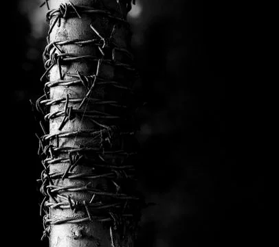 Barbed wire wrapped around a metal pole. Stock Photos