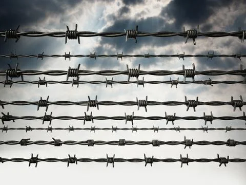 Barbed wired on dark cloudy sky background. 3D illustration Stock Illustration
