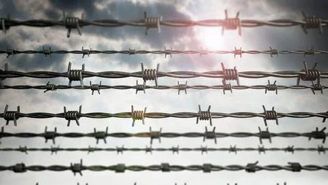 Barbed wired on dark cloudy sky background. 3D illustration Stock Illustration