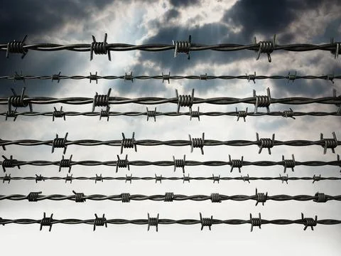 Barbed wired on dark cloudy sky background. 3D illustration Barbed wired o... Stock Photos