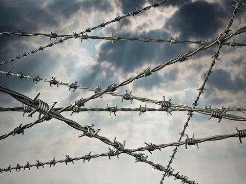 Barbed wired on dark cloudy sky background. 3D illustration Barbed wired o... Stock Photos