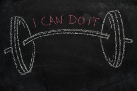 Barbell and I can do it text on black chalkboard Stock Photos