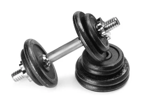 Barbell and stack of weight plates isolated on white Stock Photos