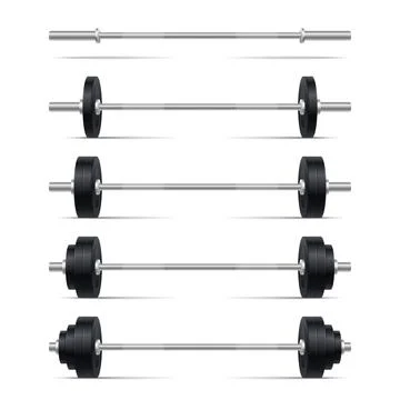 Barbells Set with Different Weights on White Background. Vector 스톡 일러스트