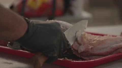 Barbeque BBQ Cutting Fat Pork Belly Reveal Left to Right Slow Motion Video stock 205009175