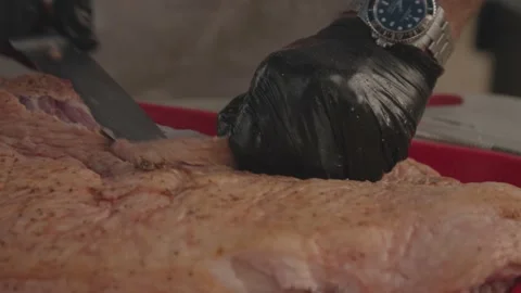 Barbeque BBQ Cutting Fat Pork Belly Slow Motion Video stock 205009186