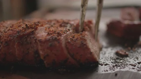 Barbeque BBQ Reveal Picking Up Pork with BBQ Fork Video stock 205009232