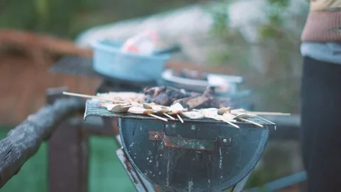 Barbeque cooking or Mala at Asian mountain campsite Stock Footage 86510888