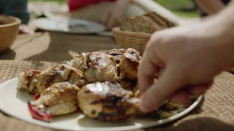 Barbeque Fried Chicken Meat and Vegetables Plate Stock Footage 144797407