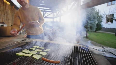 Barbeque Grill Meat Fire Flames Vegetables Healthy Family Cooking Stock Footage