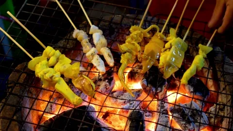 Barbeque Grilled squid Stock Footage 266994181